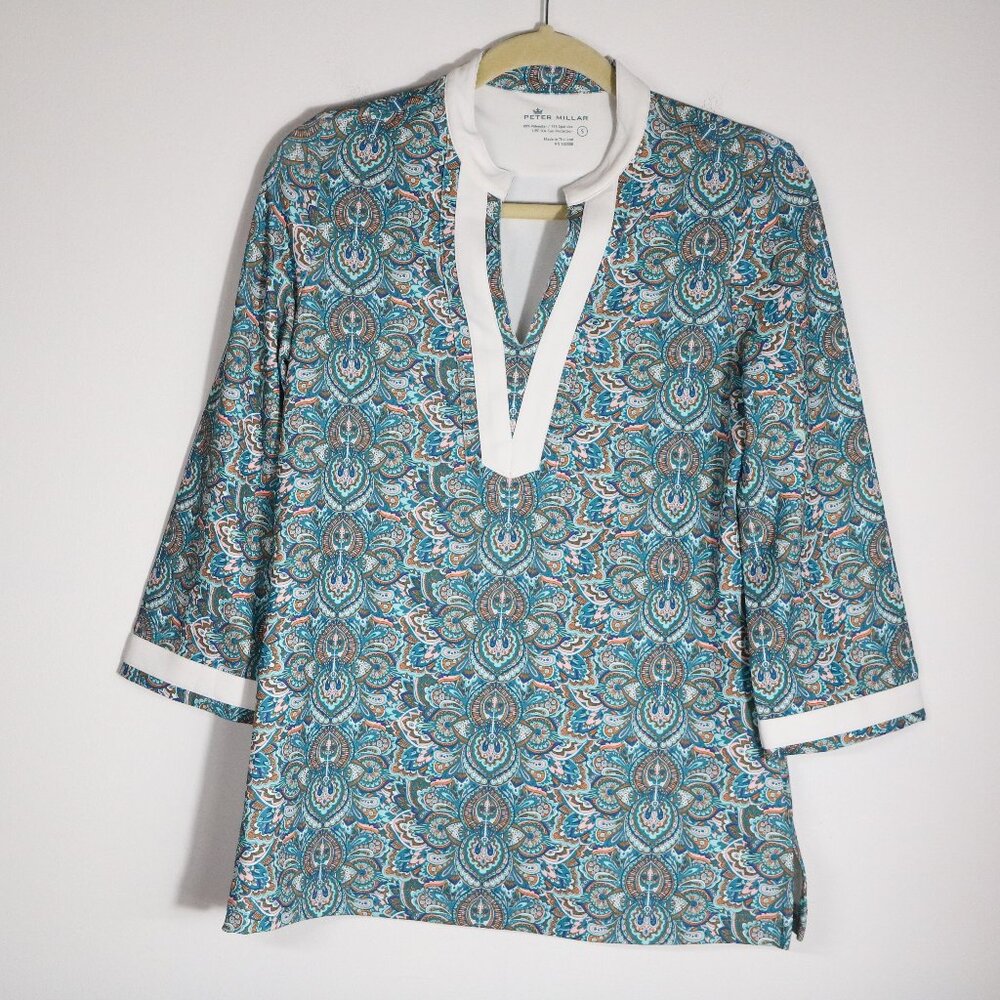 Peter Millar Lisa Paisley UPF 50+ Tunic Top Women Small Blue Stretch Golf Preppy